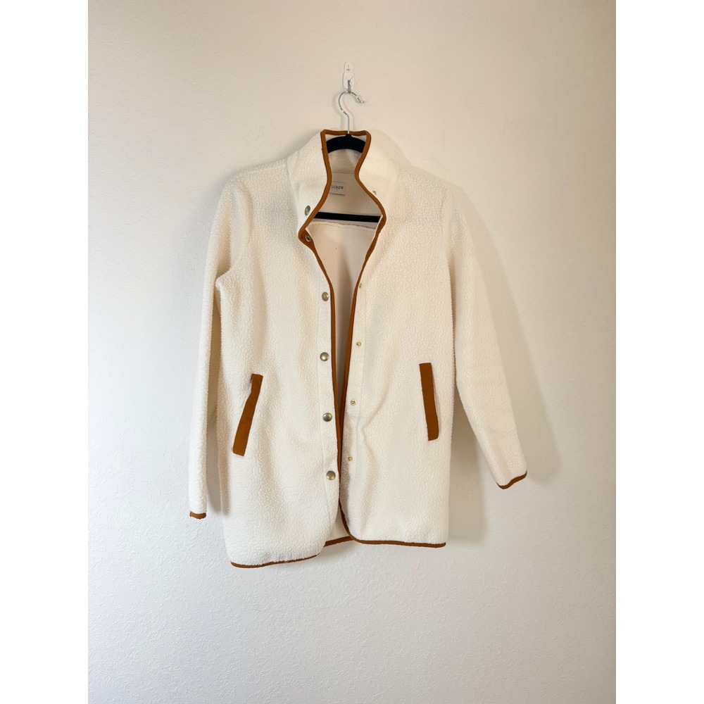 J.Crew Sherpa Fleece Jacket large Ivory Brown Excellent Snap Front Mock Neck